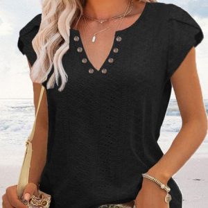 Women's Eyelet Tops V Neck Vacation Plain Skin-friendly and Breathable Shirt, Shirts & Blouses, color:Black|size:XXL, JustFashionNow
