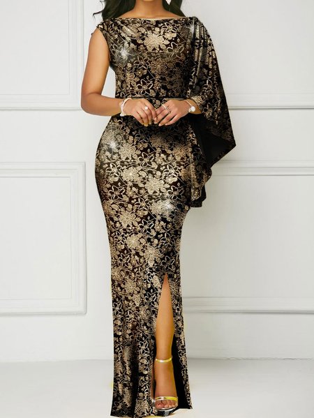 Regular Fit Elegant Floral One Shoulder Party Dress, Maxi Dresses, color:Gold|size:XXL, Stylewe