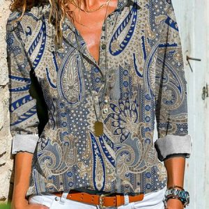 Shirt Collar Paisley Vintage Blouse, Shirts & Blouses, color:Gray|size:XXL, JustFashionNow