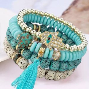 Turquoise Beaded Multilayer Bracelet Casual Vacation Ethnic Women's Jewelry, Bracelet, color:Cyan|size:One-size, Noracora