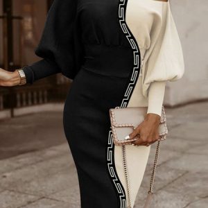 Urban Cold Shoulder Color Block Long Sleeve Dress, Midi Dresses, color:Black|size:XXL, Stylewe