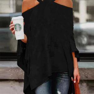 Stylewe Plain Loose Cross Neck Urban Top, Blouses and Shirts, color:Black|size:XS, Stylewe