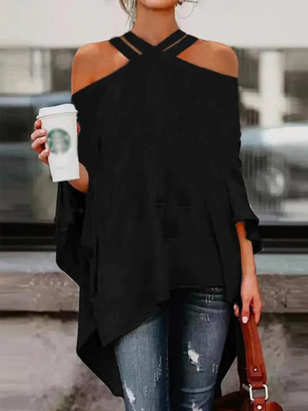Stylewe Plain Loose Cross Neck Urban Top, Blouses and Shirts, color:Black|size:XS, Stylewe