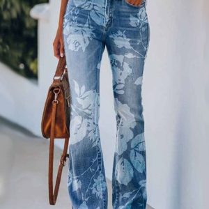 Urban Casual Floral Pattern Fit Straight Pants Jeans, Jeans, color:Blue|size:3XL, JustFashionNow