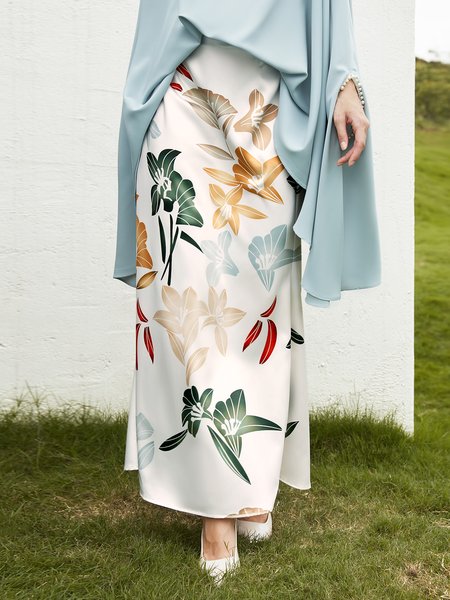 Elegant Regular Fit Floral Print Skirt, Skirts, color:White|size:XS, Stylewe