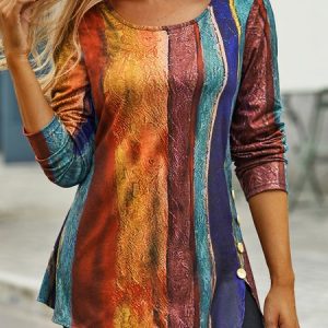 Striped Loose Crew Neck Casual T-Shirt, T-Shirts, color:Multicolor|size:XXL, JustFashionNow