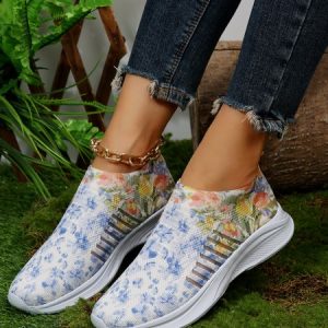 Colorful Floral Mesh Splicing High Elastic and Comfortable Flying Woven Sneakers, Sneakers, color:As Picture|size:43, JustFashionNow