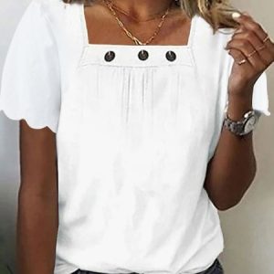 Casual Square Neck Plain Cotton T-Shirt, T-Shirts, color:White|size:XXL, JustFashionNow
