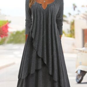 Casual Notched Regular Fit Plain Dress, Dresses, color:Gray|size:XXL, JustFashionNow