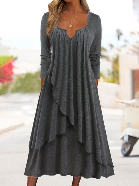 Casual Notched Regular Fit Plain Dress, Dresses, color:Gray|size:XXL, JustFashionNow