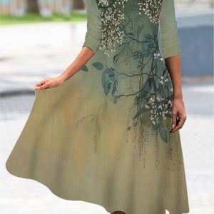 Floral Loose V Neck Casual Dress, Dresses, color:Green|size:XXL, JustFashionNow