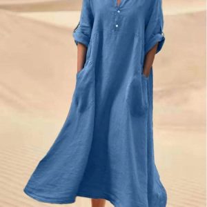 Women's Casual Dress Cotton Linen Dress Swing Dress Maxi long Dress, Dresses, color:Blue|size:XXL, JustFashionNow
