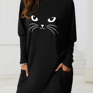 Loose Crew Neck Cat  Halloween T-Shirt, T-Shirts, color:Pink|size:XXL, JustFashionNow