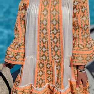 Women Abstract Stripes Boat Neck Half Sleeve Comfy Casual Midi Dress, Midi, color:Orange|size:XXL, Noracora