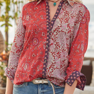 Shirt Collar Floral Loosen Long Sleeve Blouse, Shirts & Blouses, color:Red|size:XXL, JustFashionNow