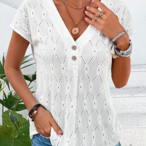 Casual Geometric Loose Eyelet Embroidery Batwing Sleeve Button Front T-Shirt, T-Shirts, color:White|size:XXL, JustFashionNow