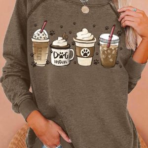 Womens Coffee Dog Lover Crew Neck Casual Sweatshirt, color:Coffee|size:3XL, Lilicloth.com