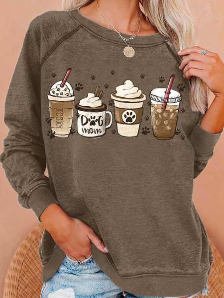 Womens Coffee Dog Lover Crew Neck Casual Sweatshirt, color:Coffee|size:3XL, Lilicloth.com