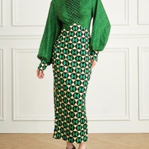 Urban Geometric Crew Neck Lantern Sleeve Dress, Dresses, color:Green|size:XXL, Stylewe