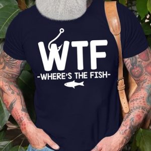 Men's WTF Where's The Fish Funny Graphic Printing Cotton Crew Neck Loose Casual T-Shirt, T-shirts, Lilicloth.com
