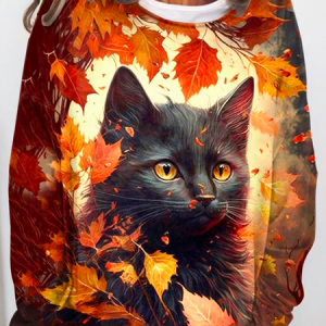 Crew Neck Loose Halloween Casual Women's Leafy Cat Art Print Sweatshirt, Sweatshirts & Hoodies, color:Brown|size:XXL, JustFashionNow