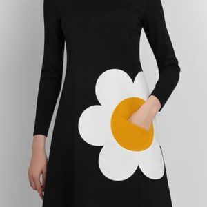 Elegant Crew Neck Printed Long Sleeve Dress, Midi Dresses, color:Black|size:XXL, Stylewe