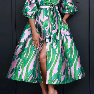 Plus Size Regular Fit Short sleeve Elegant Midi Dress With Belt, Plus Dresses, color:Green|size:4X, Stylewe