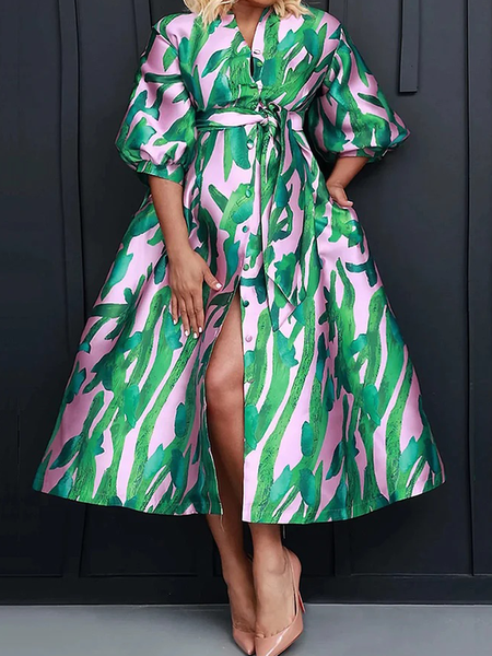 Plus Size Regular Fit Short sleeve Elegant Midi Dress With Belt, Plus Dresses, color:Green|size:4X, Stylewe