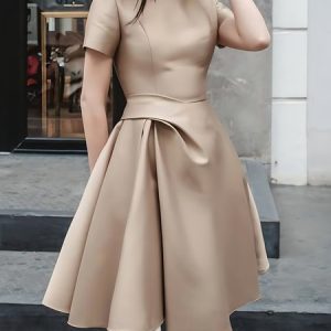 Plain Crew Neck Regular Fit Elegant Party Dress, Midi Dresses, color:Apricot|size:XXL, Stylewe