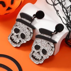 Halloween Glitter Skull Hat Stud Earrings, Earrings, color:White|size:One-size, JustFashionNow