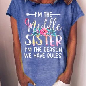 Women’s I’m The Middle Sister I’m The Reason We Have Rules Casual Cotton Crew Neck T-Shirt, color:Blue|size:3XL, Lilicloth.com