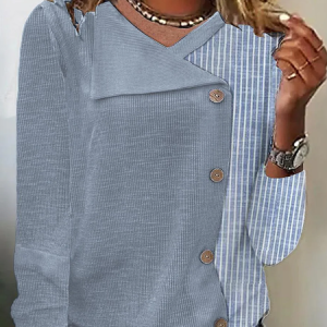Casual Striped Shawl Collar Long Sleeve T-shirt, T-shirts, color:Gray|size:XXL, Noracora