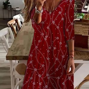 Knitted V Neck Casual Loose Dress, Dresses, color:Red|size:XXL, JustFashionNow