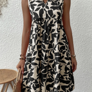 Loose Leaf Vacation Dress, Short, color:Black|size:5XL, Noracora