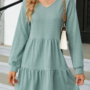 Women Plain V Neck Long Sleeve Comfy Casual Short Dress, Short, color:Dark Green|size:XL, Noracora