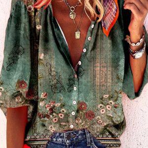 Floral Buckle Vacation Blouse, Shirts & Blouses, color:Green|size:XXL, JustFashionNow