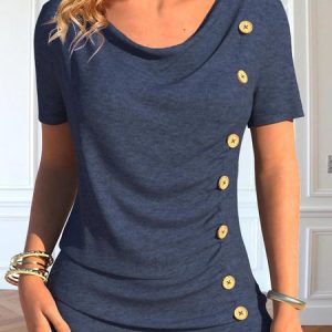 Plain Buttoned Casual Shirt, Shirts & Blouses, color:Dark Blue|size:4X, JustFashionNow
