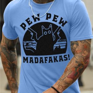 Men's Fun Cat Print Regular Fit Cotton Casual T-Shirt, color:Blue|size:3XL, Lilicloth.com