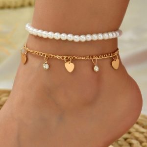 Vacation Metal Heart Diamond Pearl Layered Anklet Boho Women's Jewelry, Anklet, color:As Picture|size:One-size, Noracora