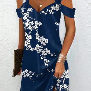 Elegant Cold Shoulder Floral Regular Fit Dress, Dresses, color:Dark Blue|size:XXL, JustFashionNow