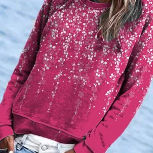 Crew Neck Casual Floral Raglan Sleeve Sweatshirt, Sweatshirts & Hoodies, color:Rose Red|size:XXL, JustFashionNow