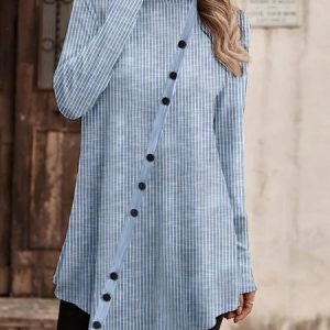 Half Turtleneck Long Sleeve Striped Buckle Regular Medium Elasticity Loose Shirt For Women, Blouses, color:Blue|size:XXL, Noracora