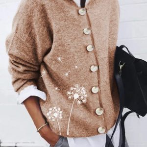 JFN Floral Print Button Design Long Sleeve Sweater, Sweaters, color:Brown|size:XXL, JustFashionNow