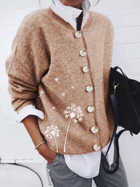 JFN Floral Print Button Design Long Sleeve Sweater, Sweaters, color:Brown|size:XXL, JustFashionNow