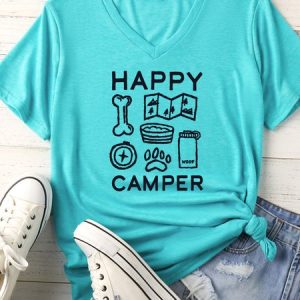 Women's Happy Camper Matching V Neck T-Shirt, color:Lightgreen|size:XXL, Lilicloth.com
