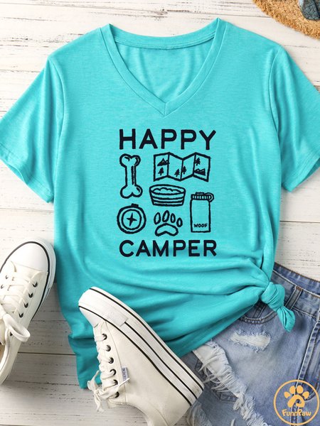 Women's Happy Camper Matching V Neck T-Shirt, color:Lightgreen|size:XXL, Lilicloth.com