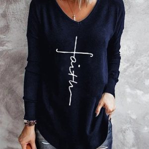 Vintage Faith Letter Printed Long Sleeve V Neck Casual Tunic Top, Blouses, color:Purplish blue|size:3XL, Noracora