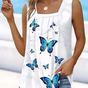 Butterfly Loose Square Neck Casual Tank Top, Tanks & Camis, color:White|size:XXL, JustFashionNow