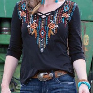 Embroidered Long Sleeve Floral V Neck Top, Blouses, color:Black|size:3XL, Noracora