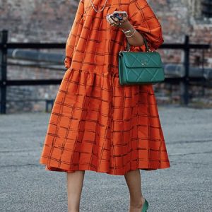 Lantern Sleeve Turtleneck Plaid Elegant Midi Dress, Midi Dresses, color:Orange|size:XXL, Stylewe